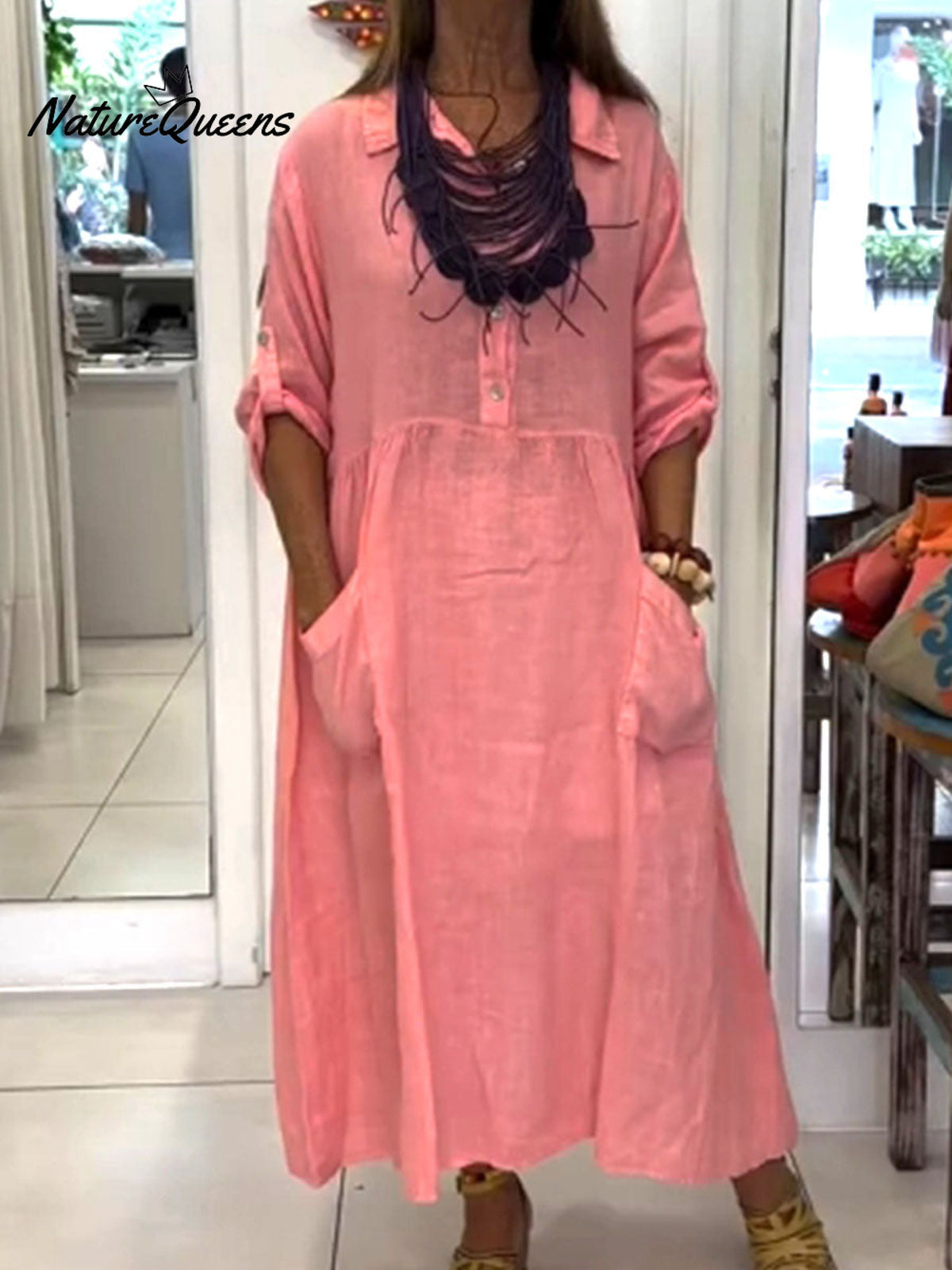 Women's Pocket Lapel Cotton Dress