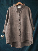 Women's Casual Cotton And Linen Ruffle Shirt