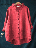 Women's Casual Cotton And Linen Ruffle Shirt