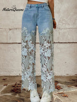 Women's Mid Waist Buttoned Lace Patchwork Jeans
