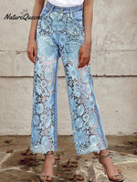 Women's Mid Waist Buttoned Lace Patchwork Jeans