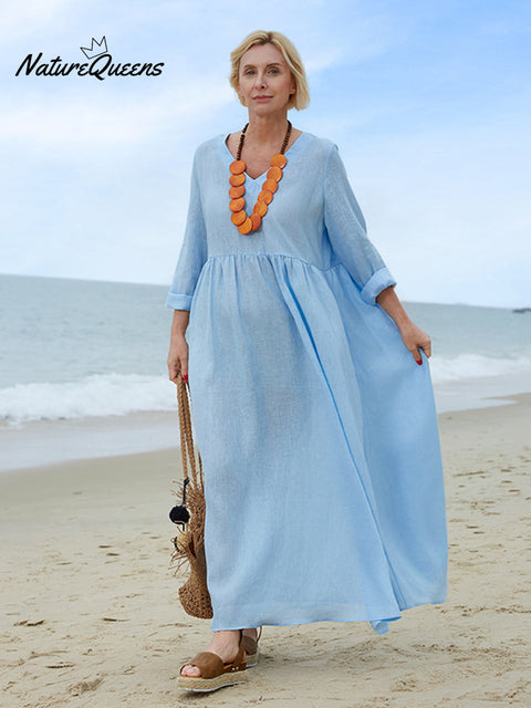 100% Linen Women's Comfortable V-neck Linen Dress