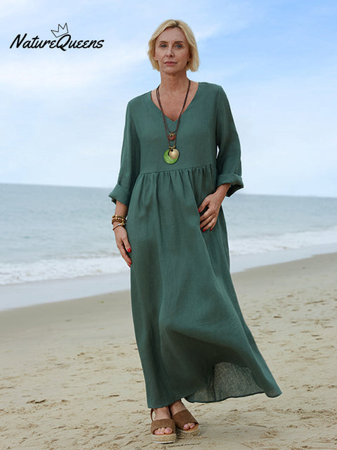 100% Linen Women's Comfortable V-neck Linen Dress
