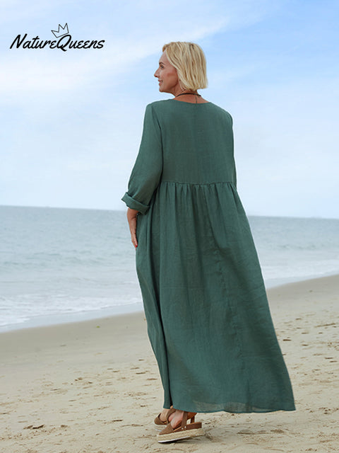 100% Linen Women's Comfortable V-neck Linen Dress