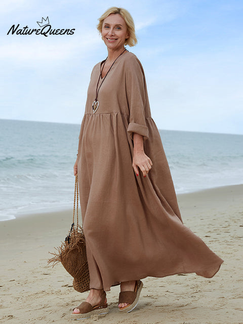 100% Linen Women's Comfortable V-neck Linen Dress