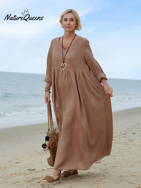100% Linen Women's Comfortable V-neck Linen Dress