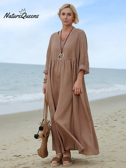 100% Linen Women's Comfortable V-neck Linen Dress