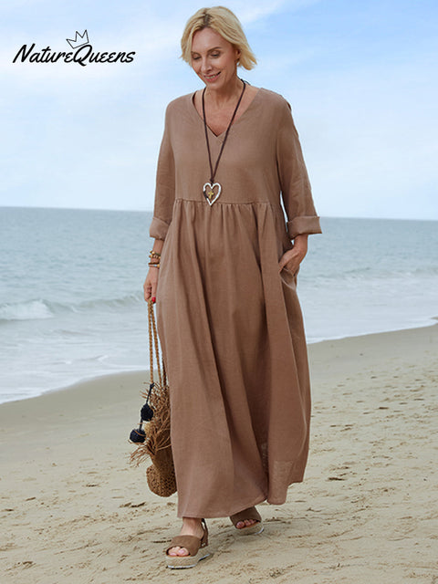 100% Linen Women's Comfortable V-neck Linen Dress