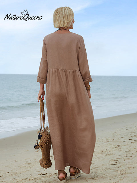 100% Linen Women's Comfortable V-neck Linen Dress