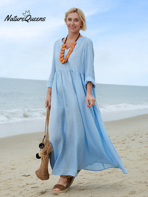 100% Linen Women's Comfortable V-neck Linen Dress