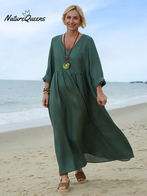 100% Linen Women's Comfortable V-neck Linen Dress