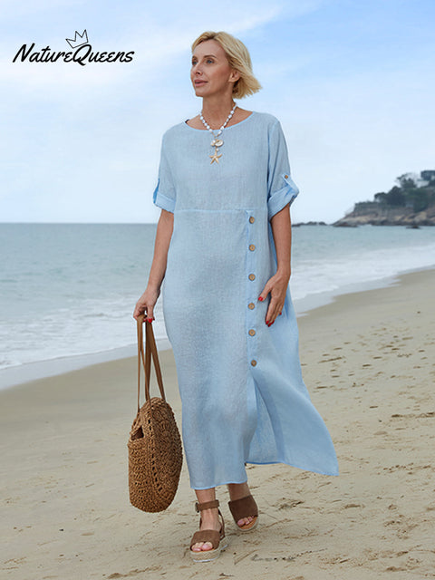 100% Linen Women's Comfortable Button Pocket Linen Dress