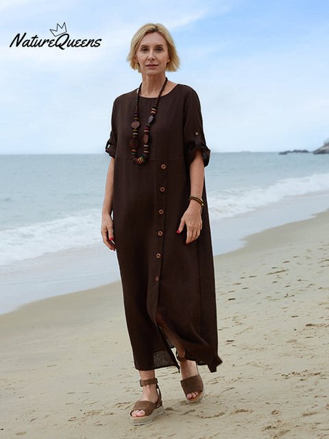 100% Linen Women's Comfortable Button Pocket Linen Dress