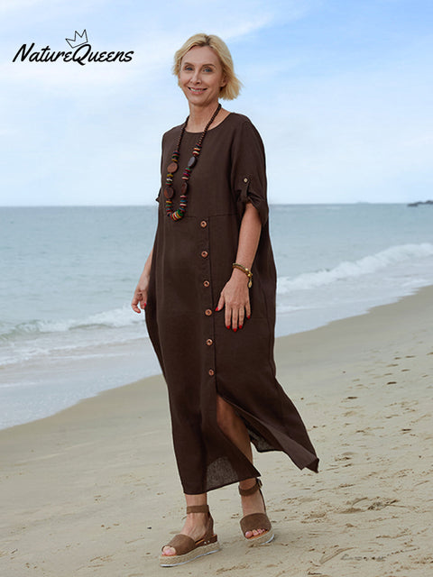 100% Linen Women's Comfortable Button Pocket Linen Dress