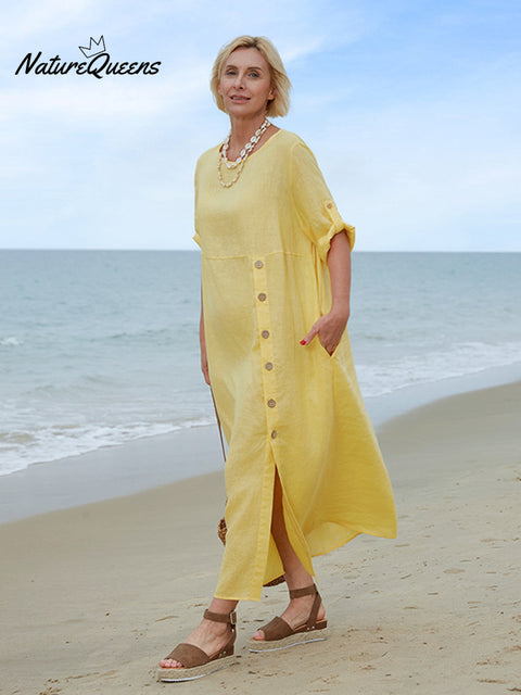 100% Linen Women's Comfortable Button Pocket Linen Dress