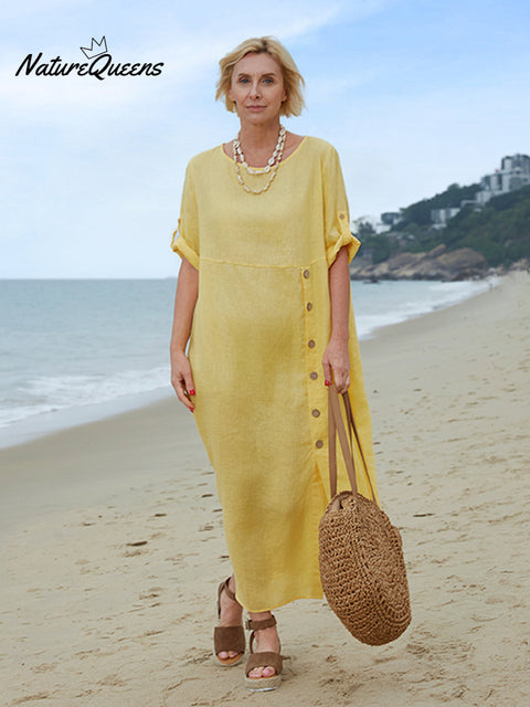 100% Linen Women's Comfortable Button Pocket Linen Dress
