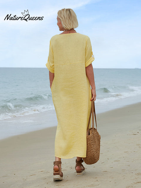 100% Linen Women's Comfortable Button Pocket Linen Dress