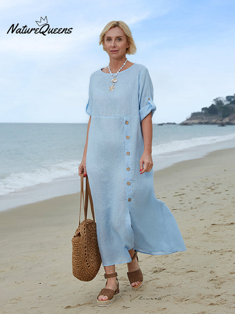 100% Linen Women's Comfortable Button Pocket Linen Dress