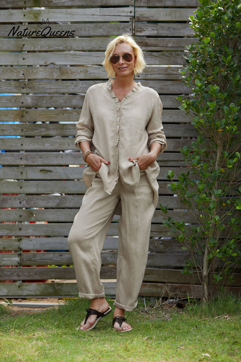 Women's 100% Linen Ruffle Shirt