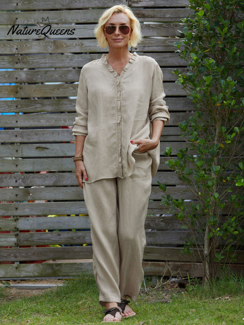 Women's 100% Linen Ruffle Shirt