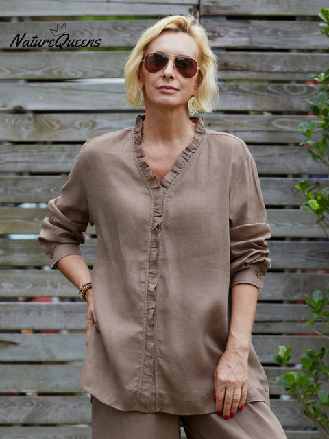 Women's 100% Linen Ruffle Shirt