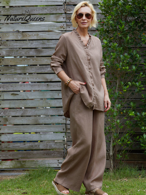 Women's 100% Linen Ruffle Shirt