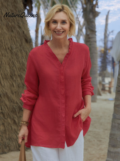 Women's 100% Linen Ruffle Shirt