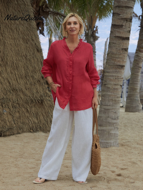 Women's 100% Linen Ruffle Shirt