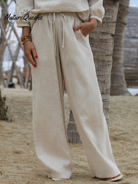 Women's 100% Linen Wide-Leg Pants