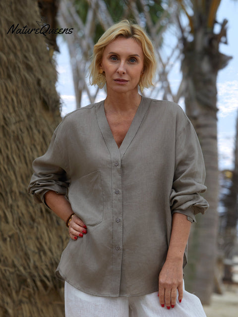 Women's 100% Linen V-Neck Shirt Blouse