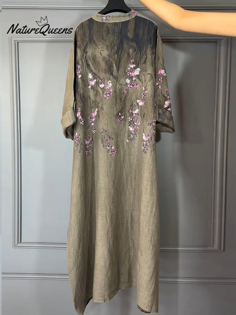 Women's Art Print Linen Cotton Buttons Dress