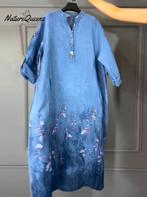 Women's Art Print Linen Cotton Buttons Dress