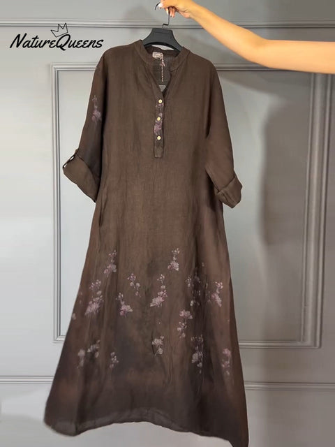 Women's Art Print Linen Cotton Buttons Dress