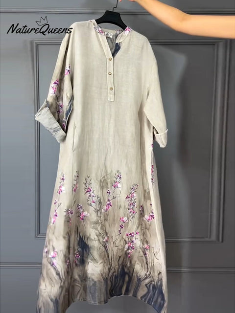 Women's Art Print Linen Cotton Buttons Dress