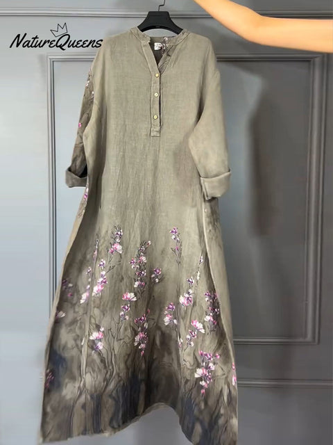 Women's Art Print Linen Cotton Buttons Dress