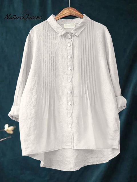 Women's Casual Solid Color Pleated Cotton And Linen Shirt
