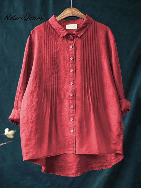 Women's Casual Solid Color Pleated Cotton And Linen Shirt
