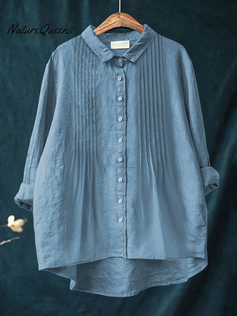 Women's Casual Solid Color Pleated Cotton And Linen Shirt
