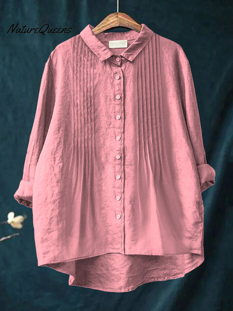 Women's Casual Solid Color Pleated Cotton And Linen Shirt