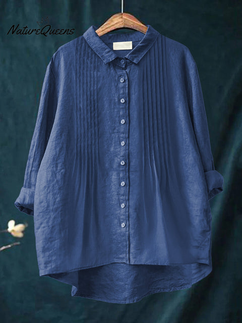 Women's Casual Solid Color Pleated Cotton And Linen Shirt