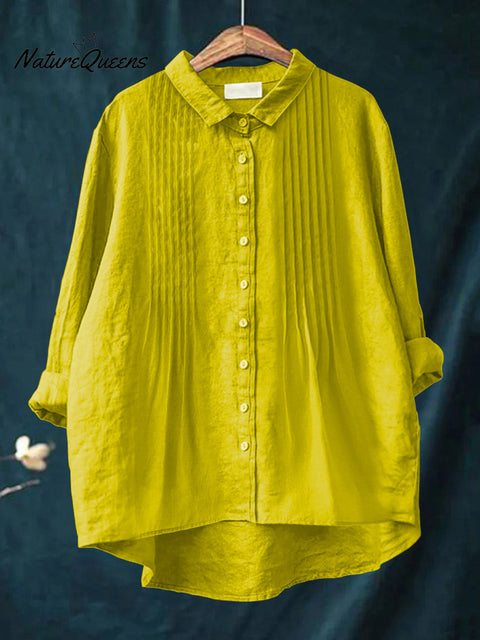 Women's Casual Solid Color Pleated Cotton And Linen Shirt