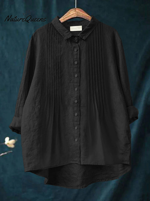 Women's Casual Solid Color Pleated Cotton And Linen Shirt