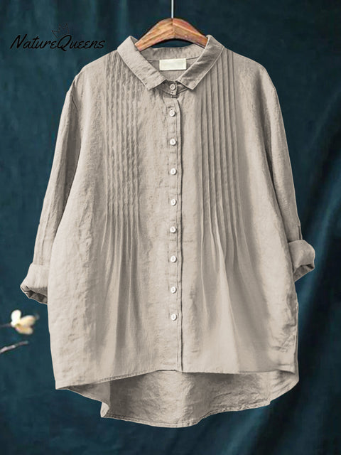 Women's Casual Solid Color Pleated Cotton And Linen Shirt