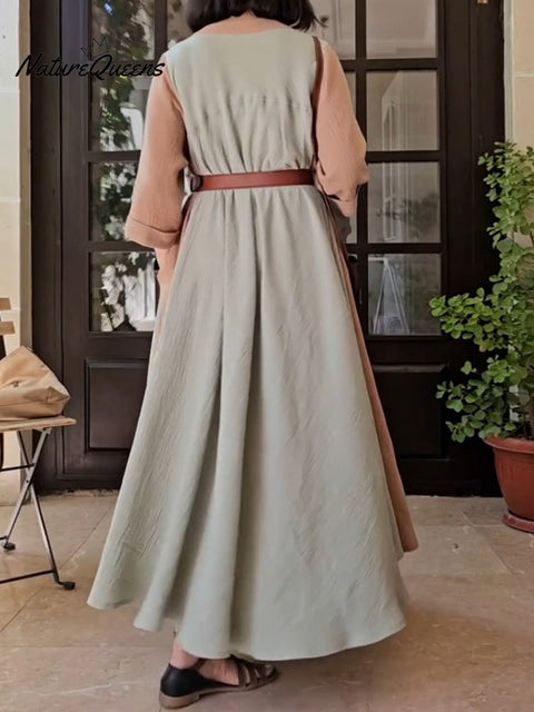 Women's V-neck Pocket Patchwork Cotton Linen Maxi Dress