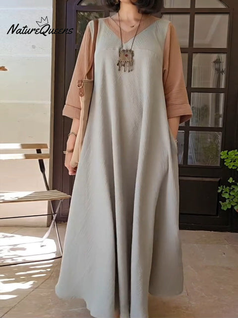 Women's V-neck Pocket Patchwork Cotton Linen Maxi Dress