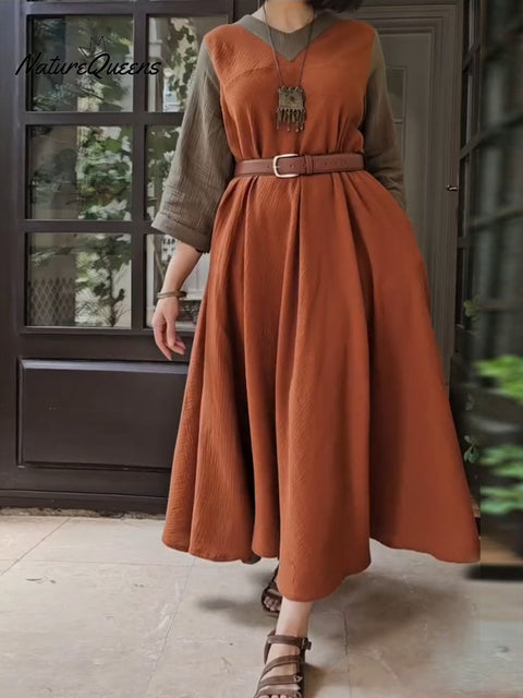 Women's V-neck Pocket Patchwork Cotton Linen Maxi Dress