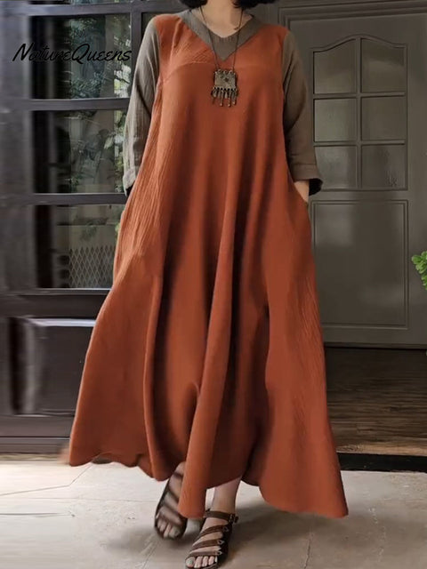 Women's V-neck Pocket Patchwork Cotton Linen Maxi Dress
