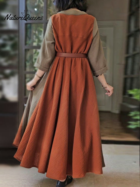 Women's V-neck Pocket Patchwork Cotton Linen Maxi Dress