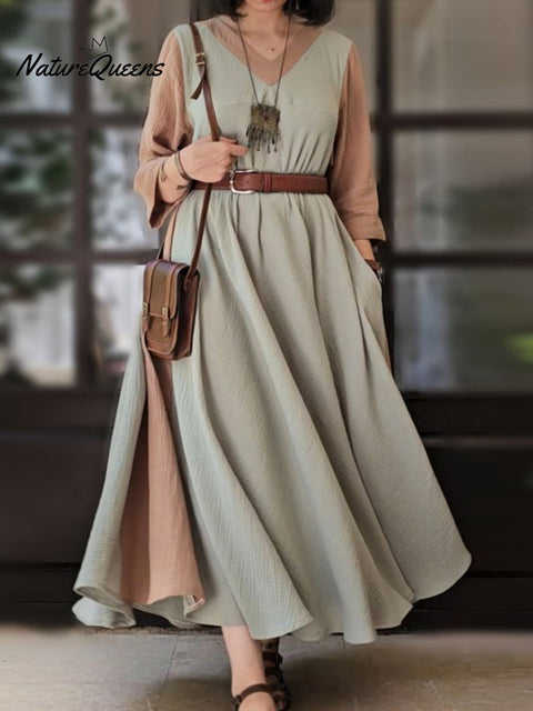 Women's V-neck Pocket Patchwork Cotton Linen Maxi Dress