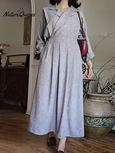 Women's Suit Collar Pocket Cotton Linen Dress
